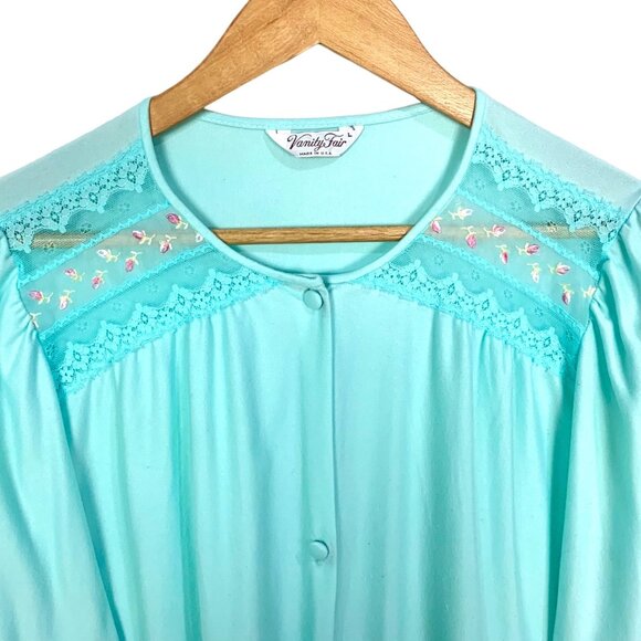 Vintage Vanity Fair Mint Green Lingerie Pegnior Top Button Up L Lace Embroidered - Picture 3 of 7